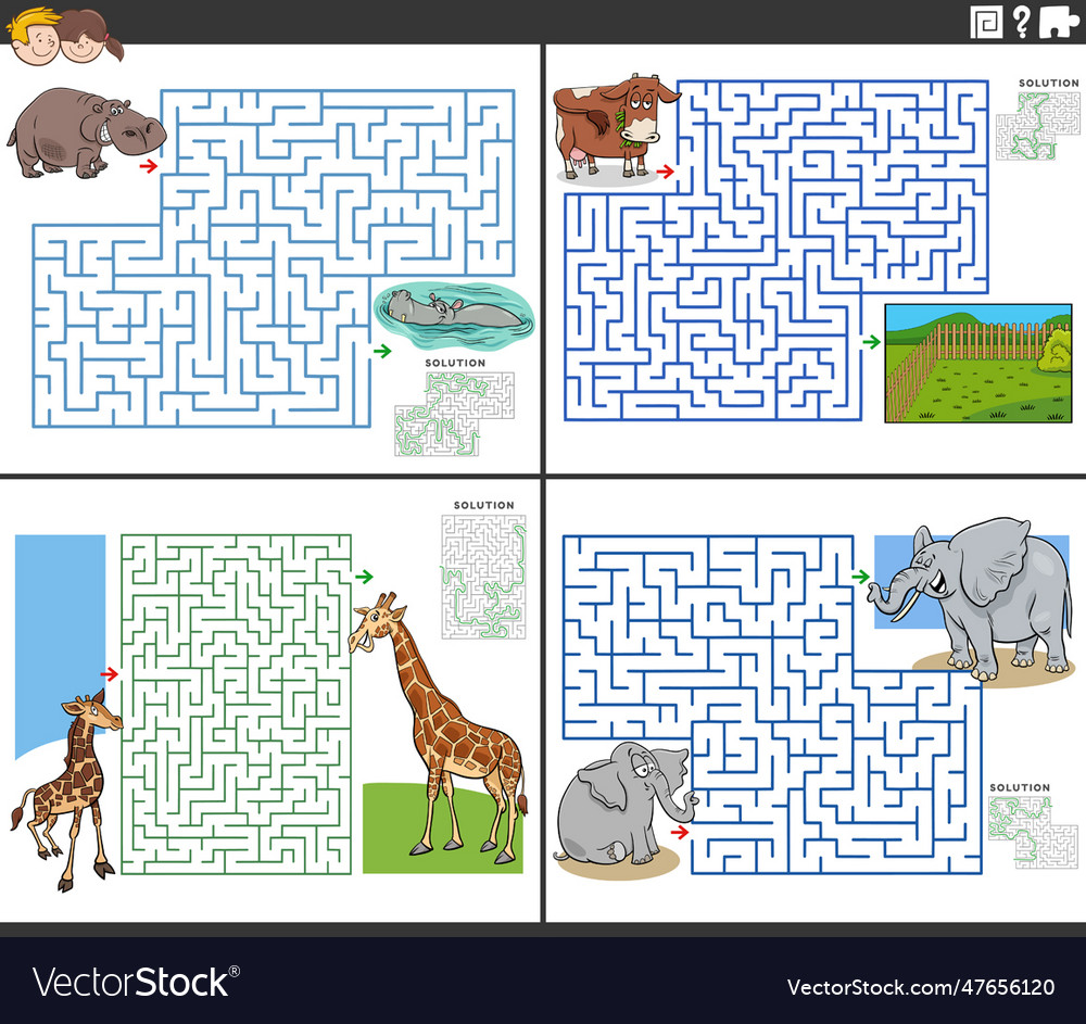 Maze games activities set with cartoon animal Vector Image