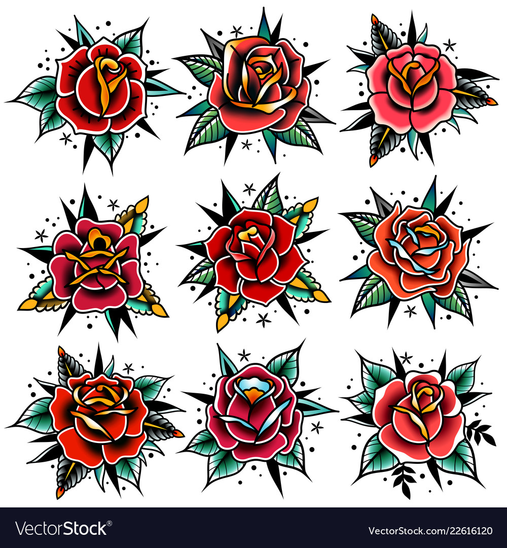 Download Old school tattoo red roses with leaves set Vector Image