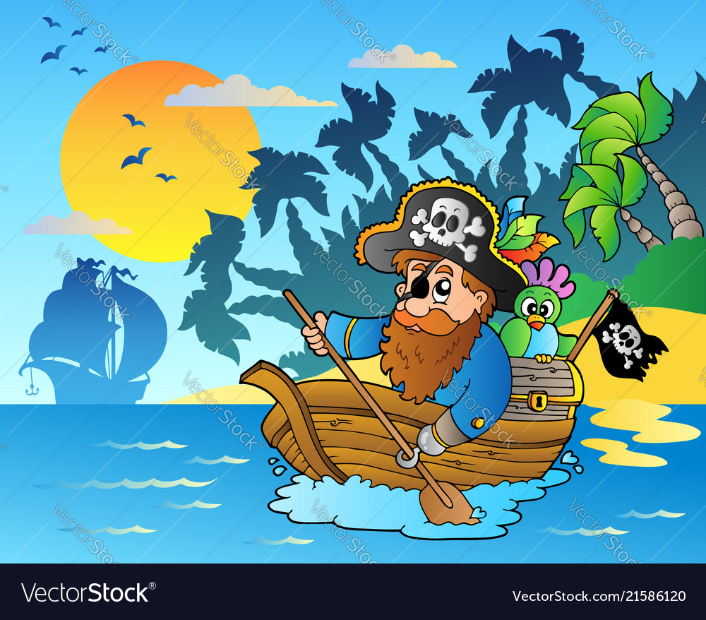 Pirate paddling in boat near island Royalty Free Vector