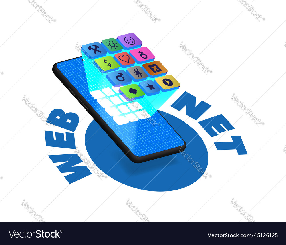 3d smartphone with icons inscriptions web net Vector Image 3d smartphone with icons inscriptions web net
