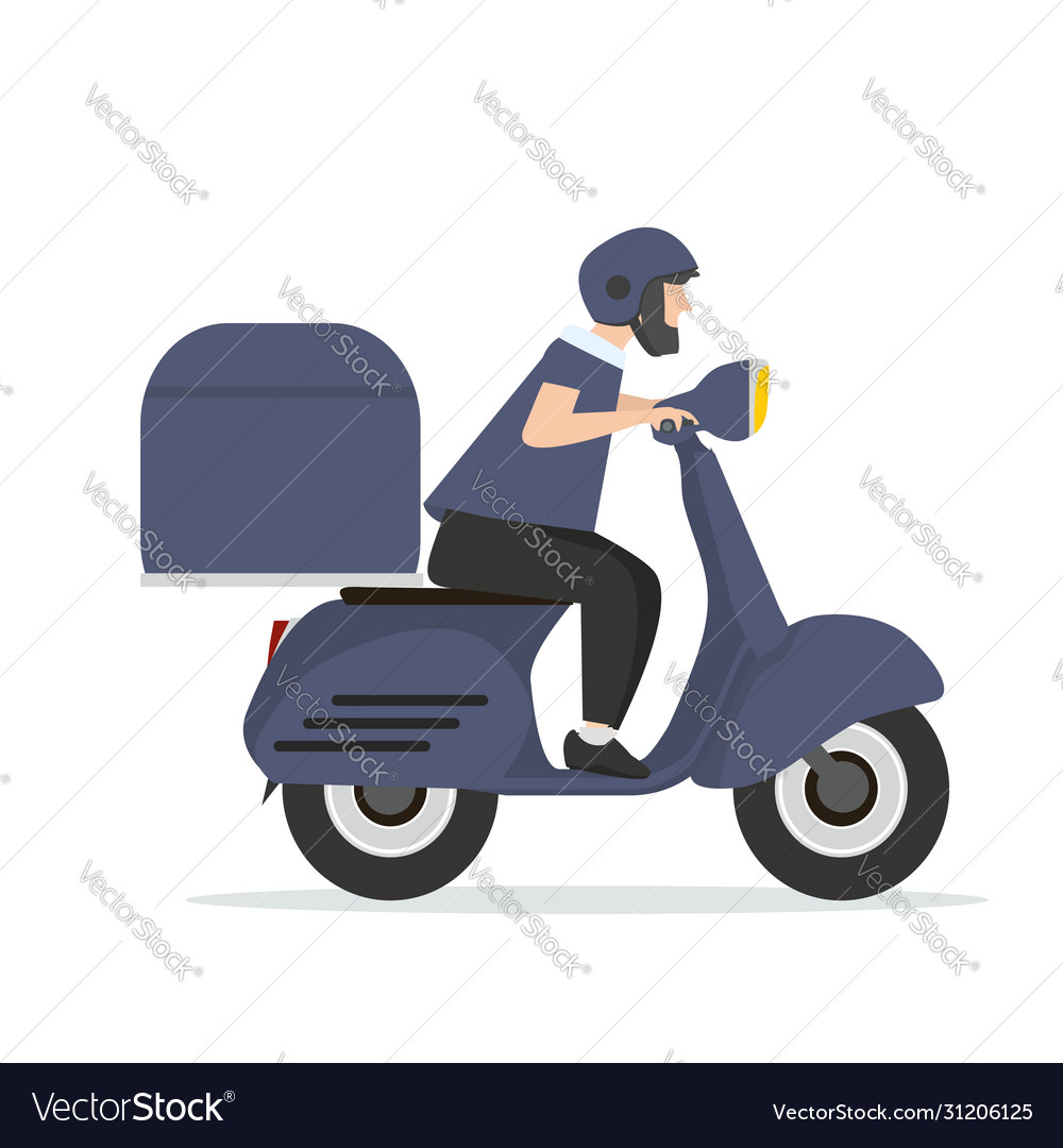 Food delivery man riding blue scooter cartoon