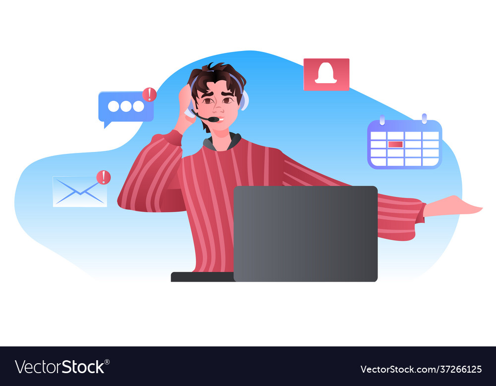 Man call center operator in headset discussing vector image Man call center operator in headset discussing