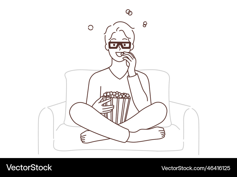 Smiling guy watching movie eating popcorn Vector Image