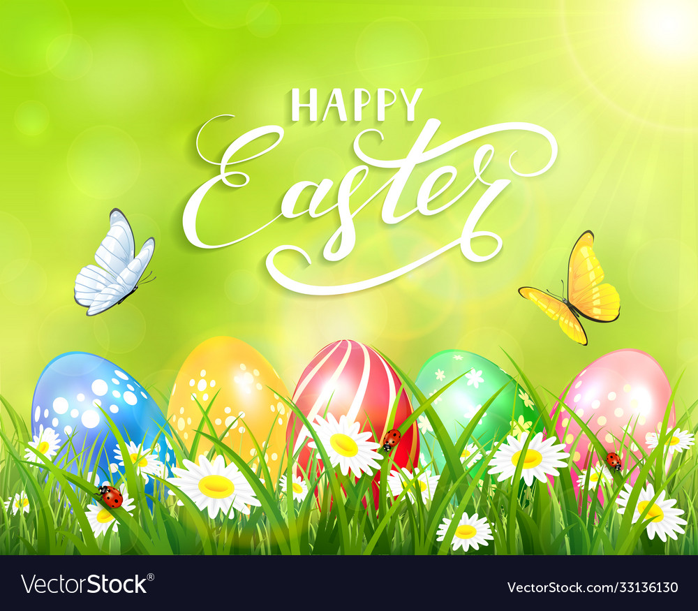 Happy easter on green background and eggs grass Vector Image