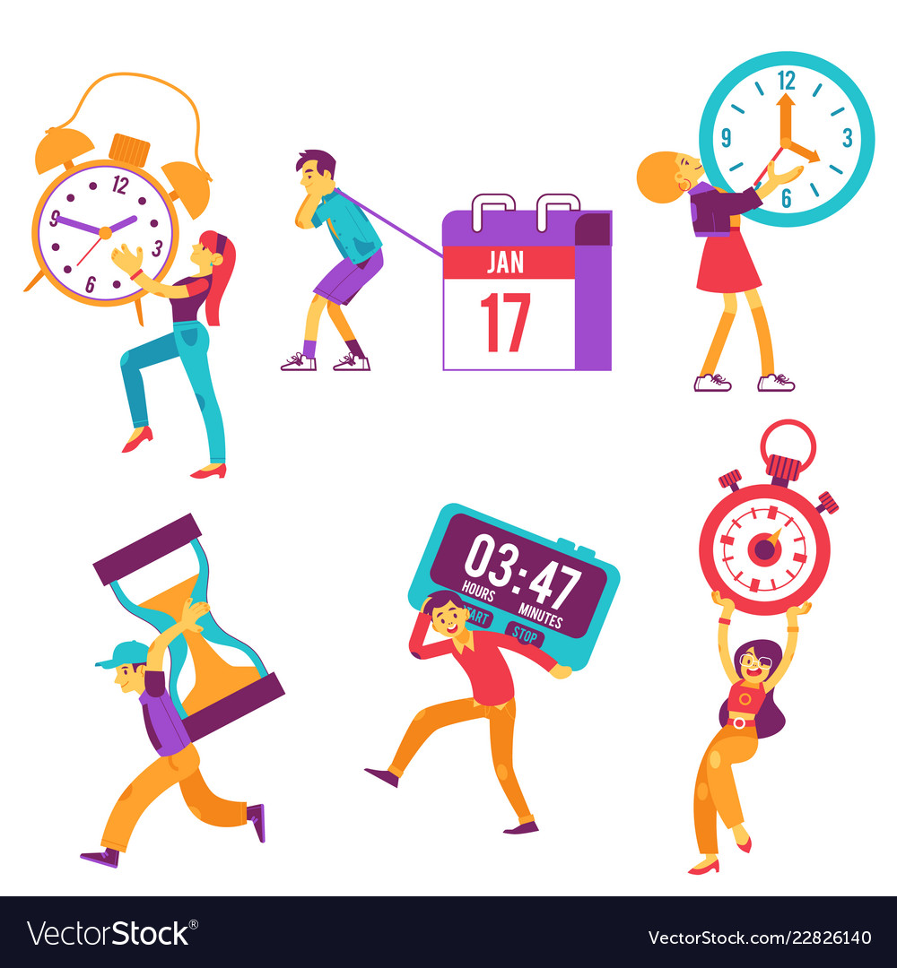 Flat people holding watche clock time sign Vector Image