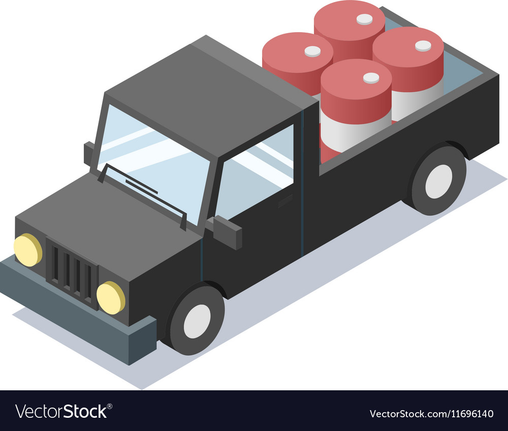 Isometric black wagon car with blue barrels