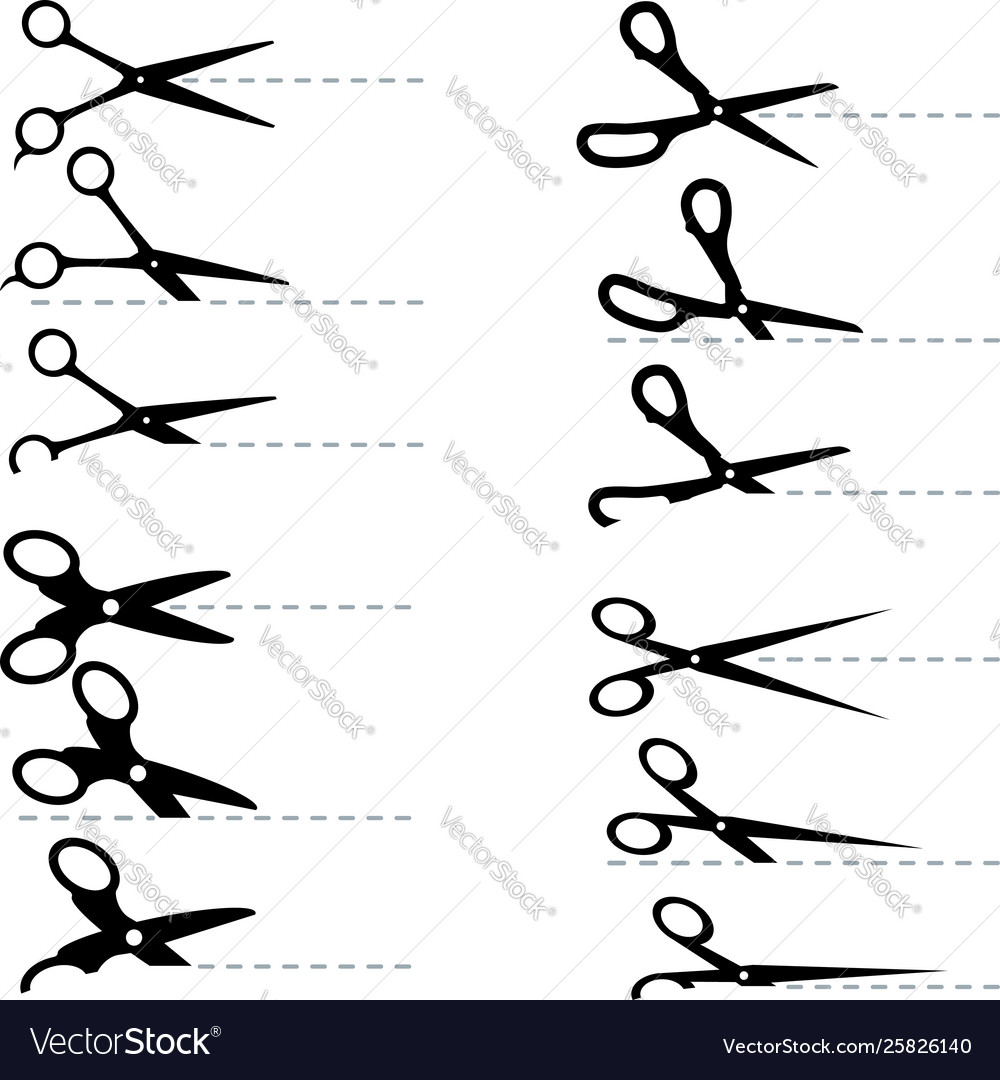 Scissors set icons in flat style with dotted line