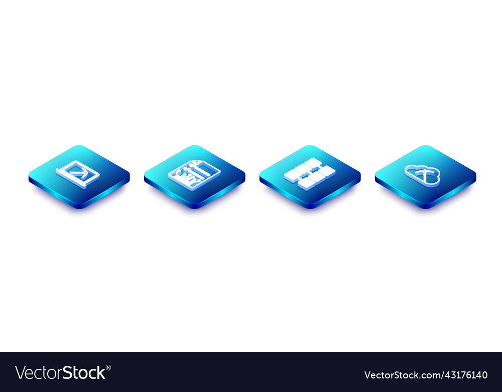 Set isometric line mining with laptop and pickaxe Vector Image Set isometric line mining with laptop and pickaxe