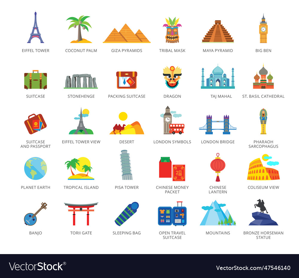 Reise flache Icons Set