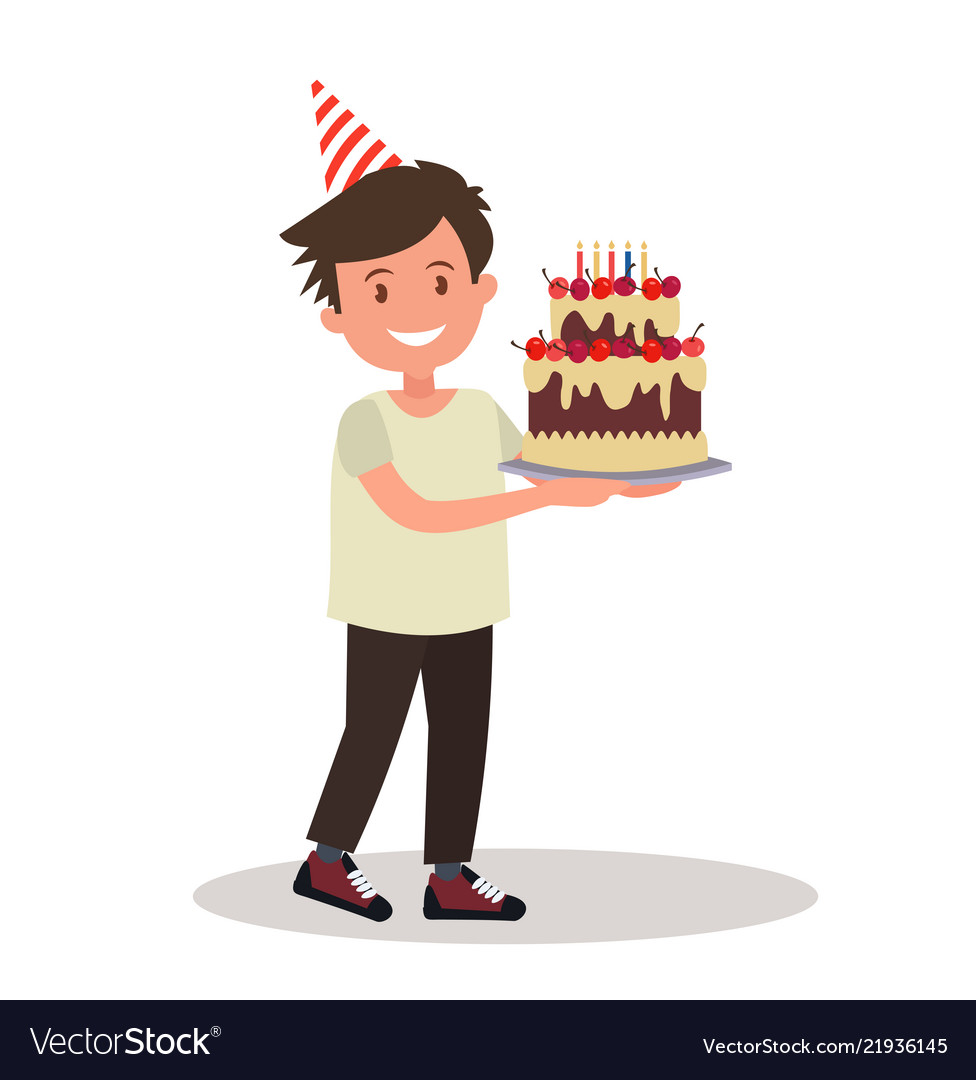 Children s birthday boy holding a large cake Vector Image