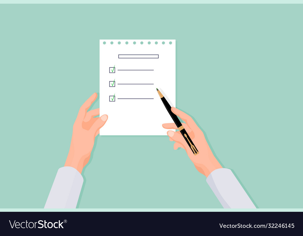Hands fill list in questionnaire choosing right vector image Hands fill list in questionnaire choosing right