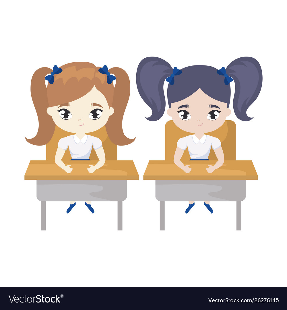 Little Student Girls Seated In School Desks Vector Image