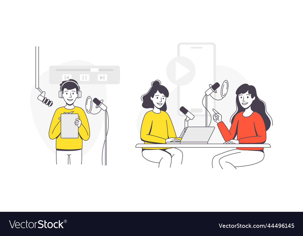 Podcast recording with young man and woman vector image Podcast recording with young man and woman