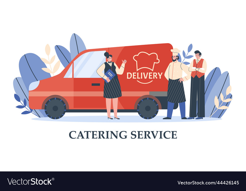 Red car with delivery text people team flat style