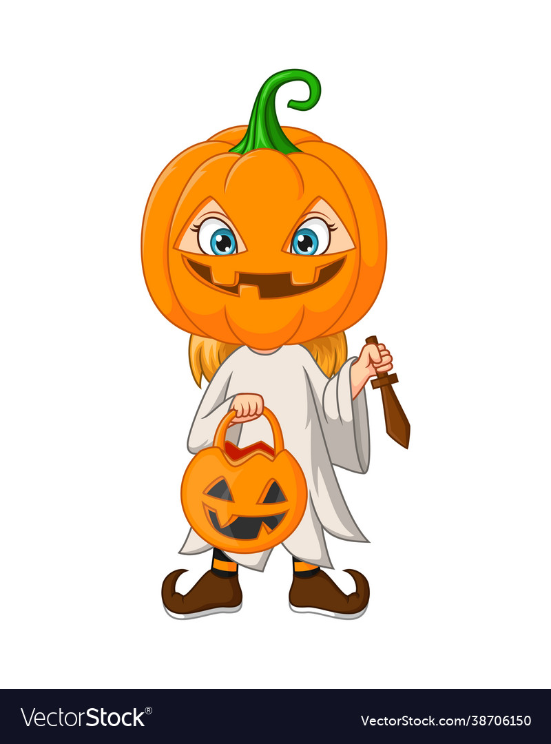 Cartoon little girl wearing halloween pumpkin cost