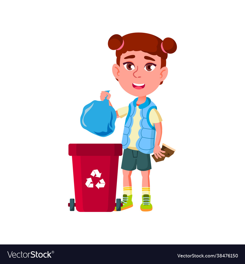 Girl kid throwing rubbish bag in trash can Vector Image