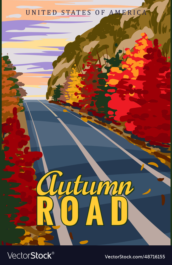 Autumn road travel vintage poster