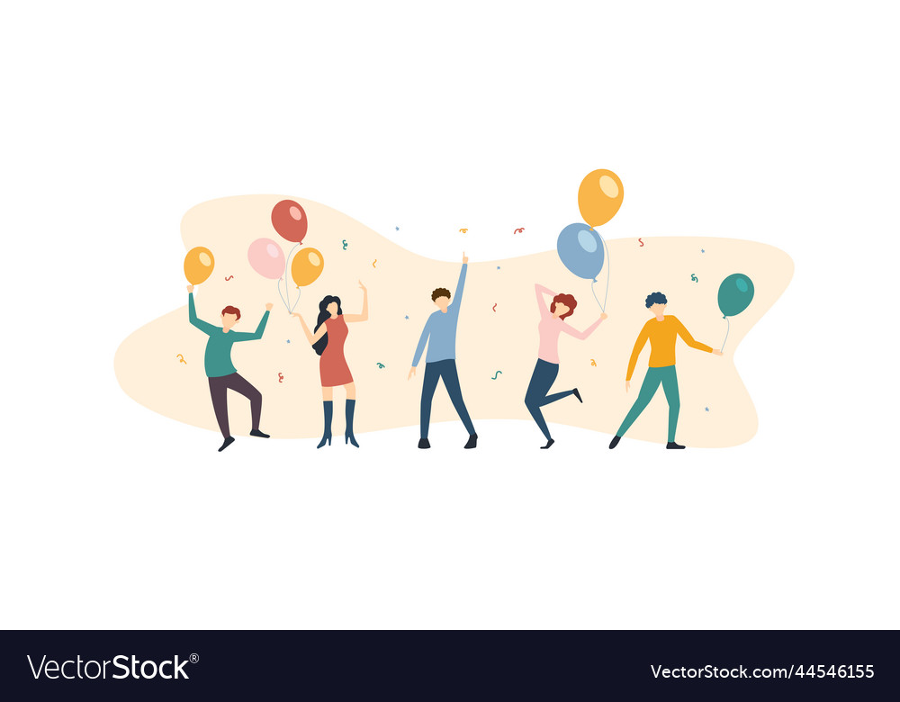 Dancing people and birthday party with balloons Vector Image