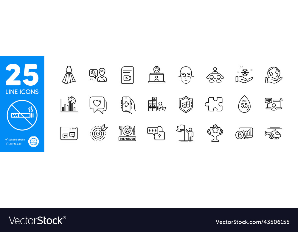 Outline icons set lock bitcoin chart and video vector image Outline icons set lock bitcoin chart and video