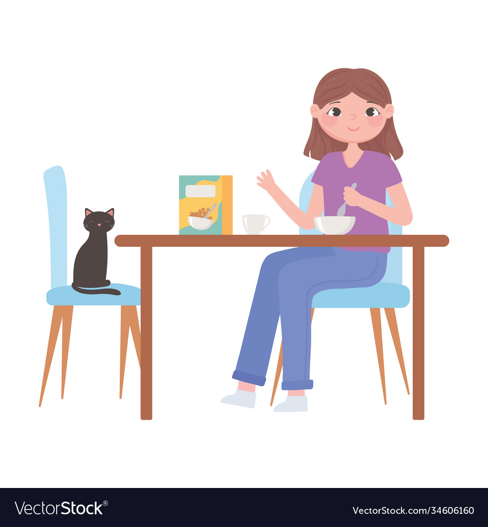 Daily routine scene girl with cat in table Vector Image