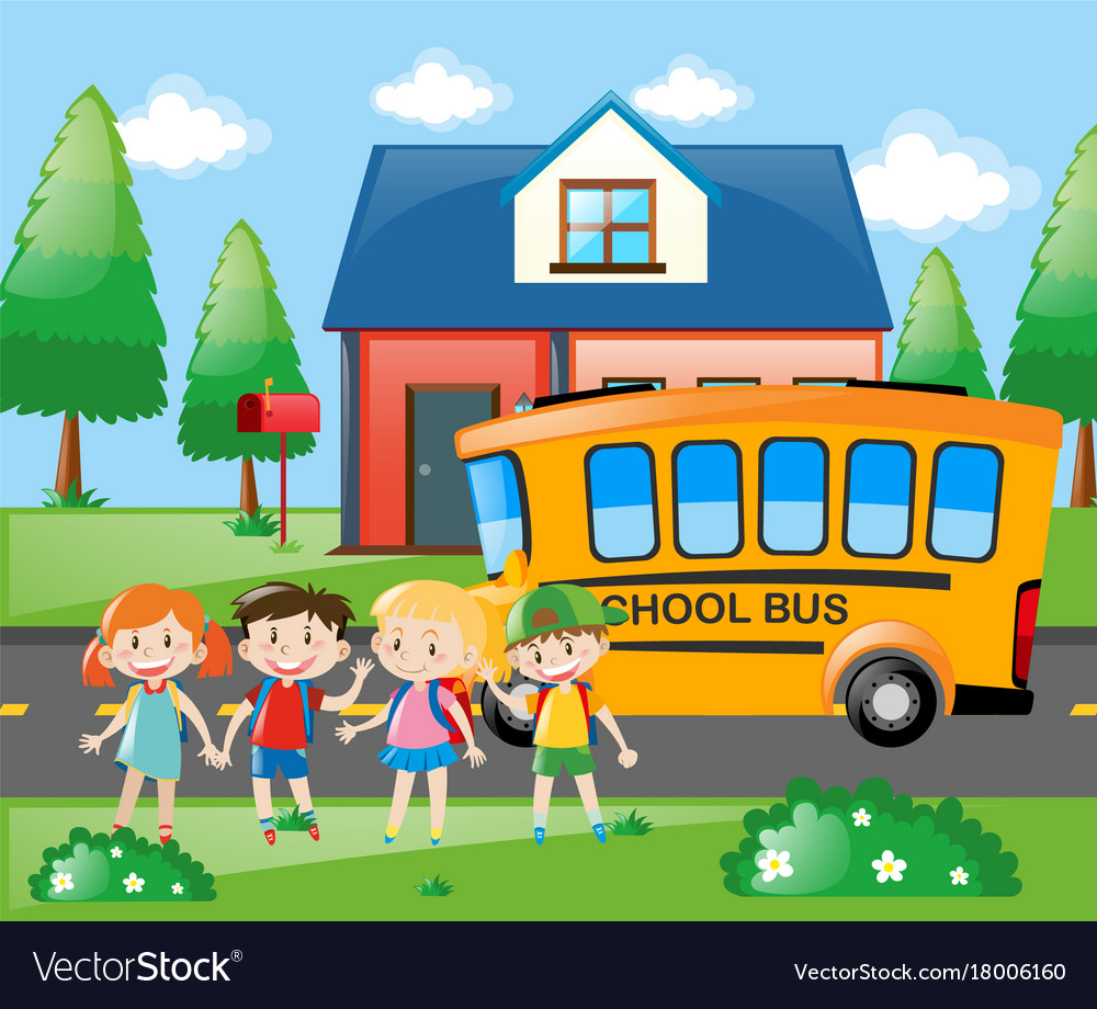 Four Students Going Home School Bus Royalty Free Vector