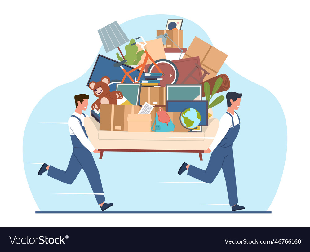 Two male movers carry couch with cardboard Vector Image