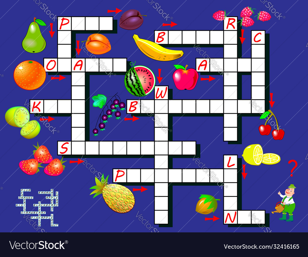 Crossword Puzzle Game With Fruits Educational Vector Image