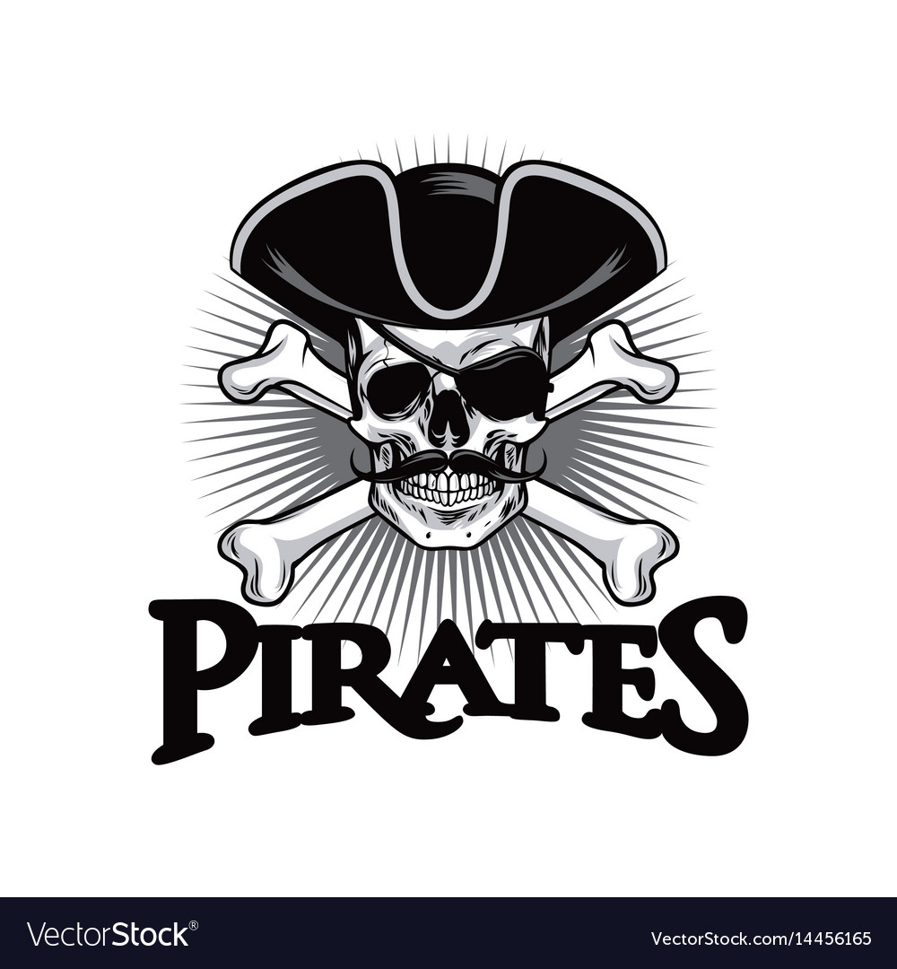 Pirate skull with mustache cross bones wears hat Vector Image