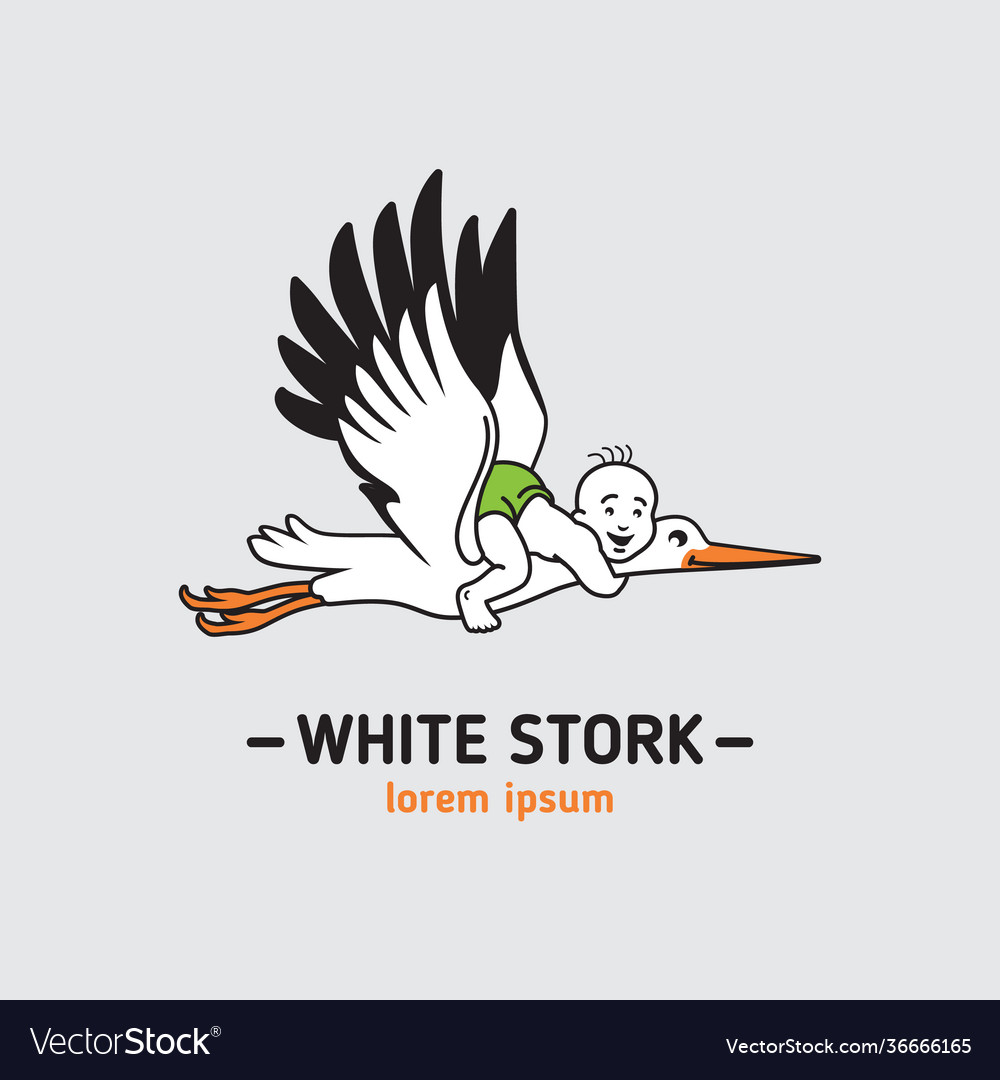 White stork with a little boy are flying