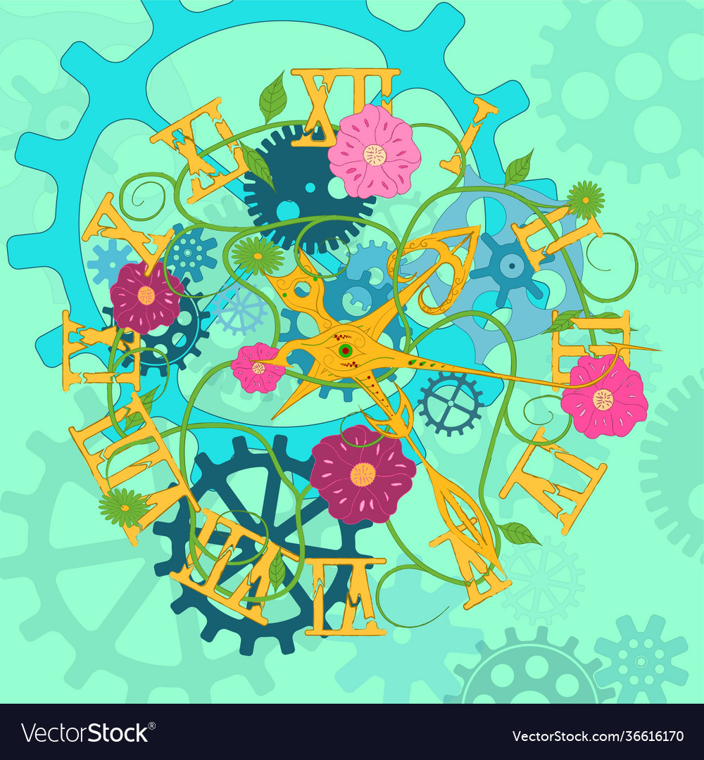 An old clock with roman numerals overgrown Vector Image