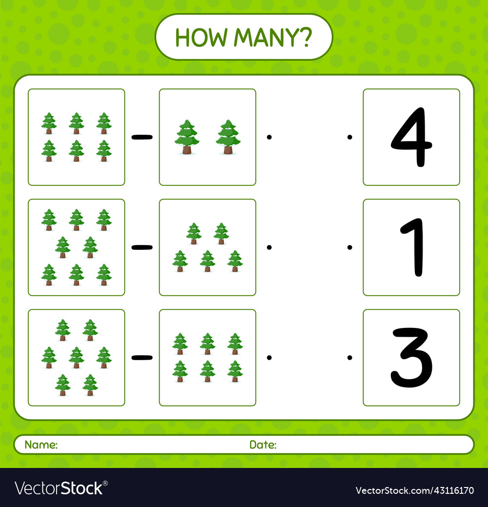 How many counting game with pine tree worksheet vector image How many counting game with pine tree worksheet