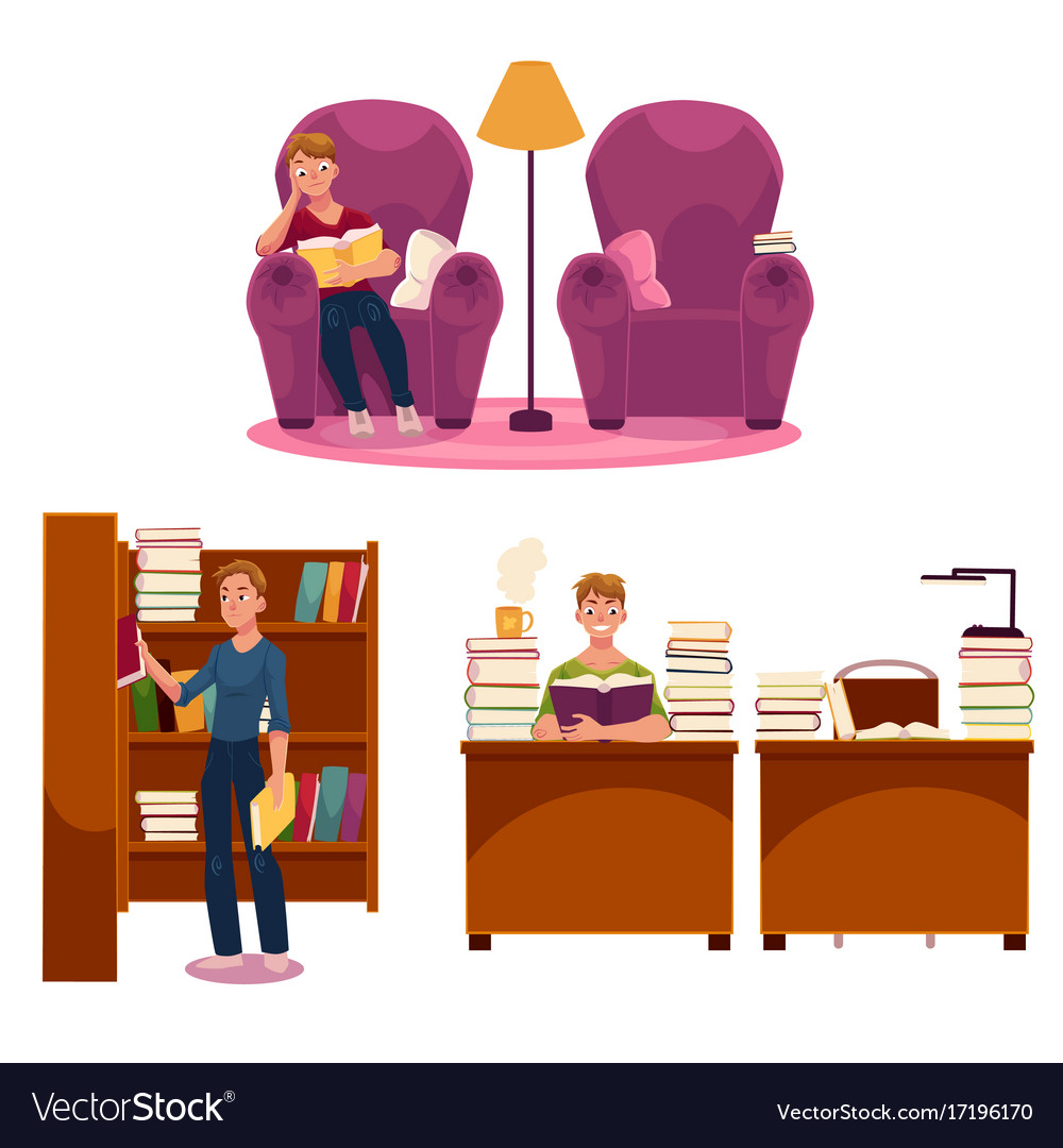 Library - reading man armchair table bookshelf
