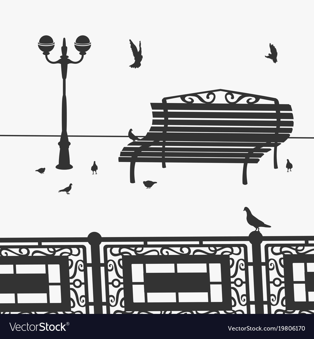 Park bench and pigeons