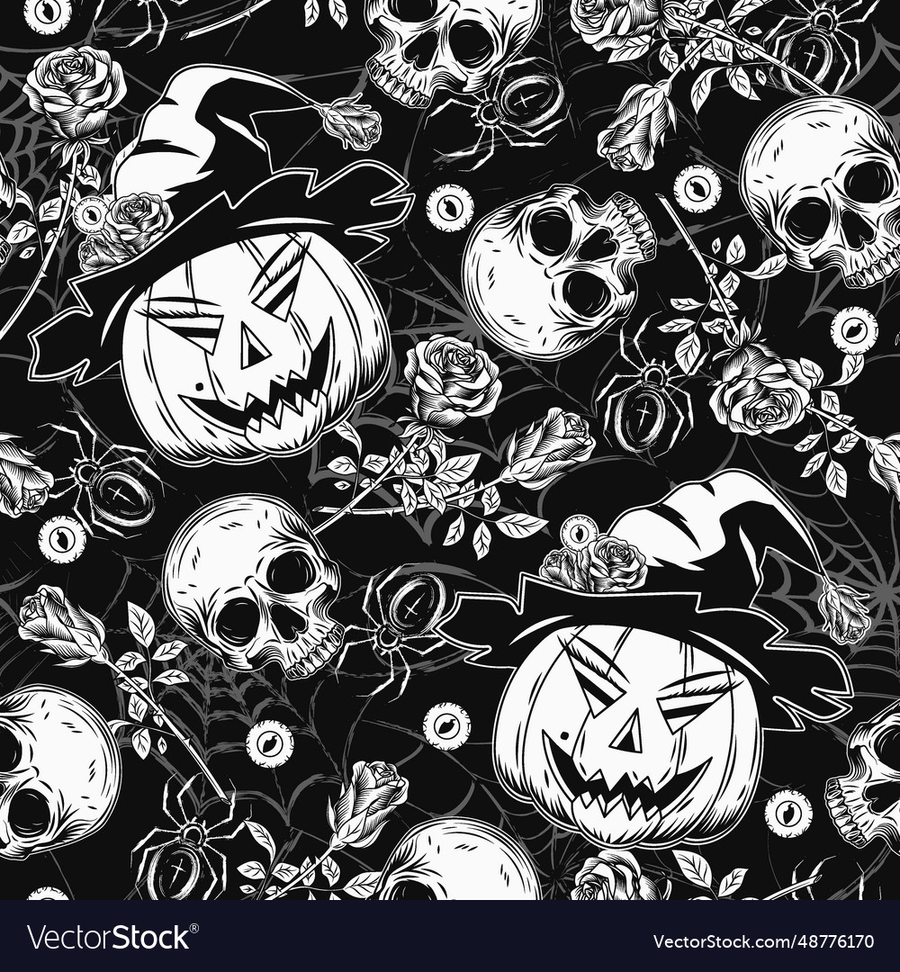 Pattern with skulls pumpkin head like witchroses