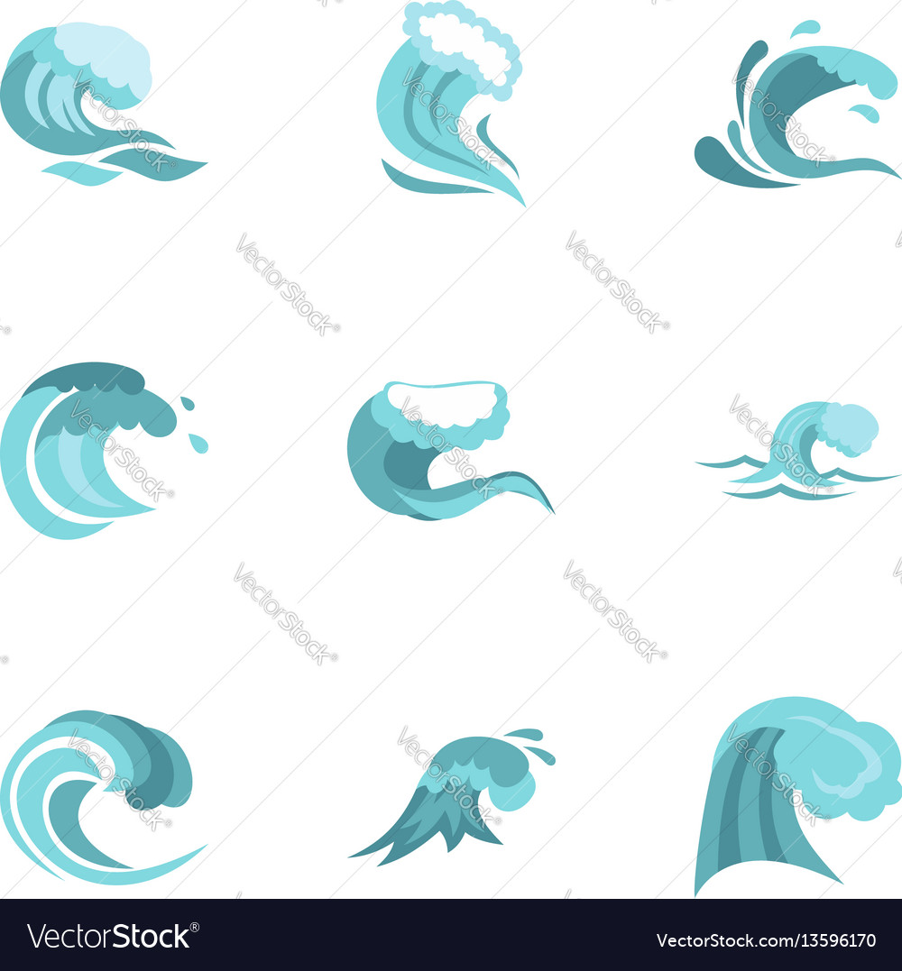 Water wave icons set flat style