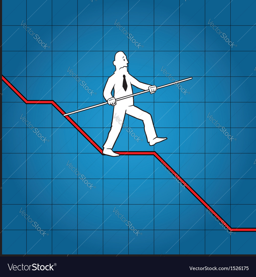 Business man balancing on declining graph