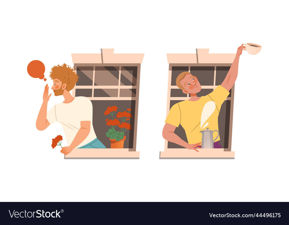 Man in open window talking to neighbor and giving vector image Man in open window talking to neighbor and giving