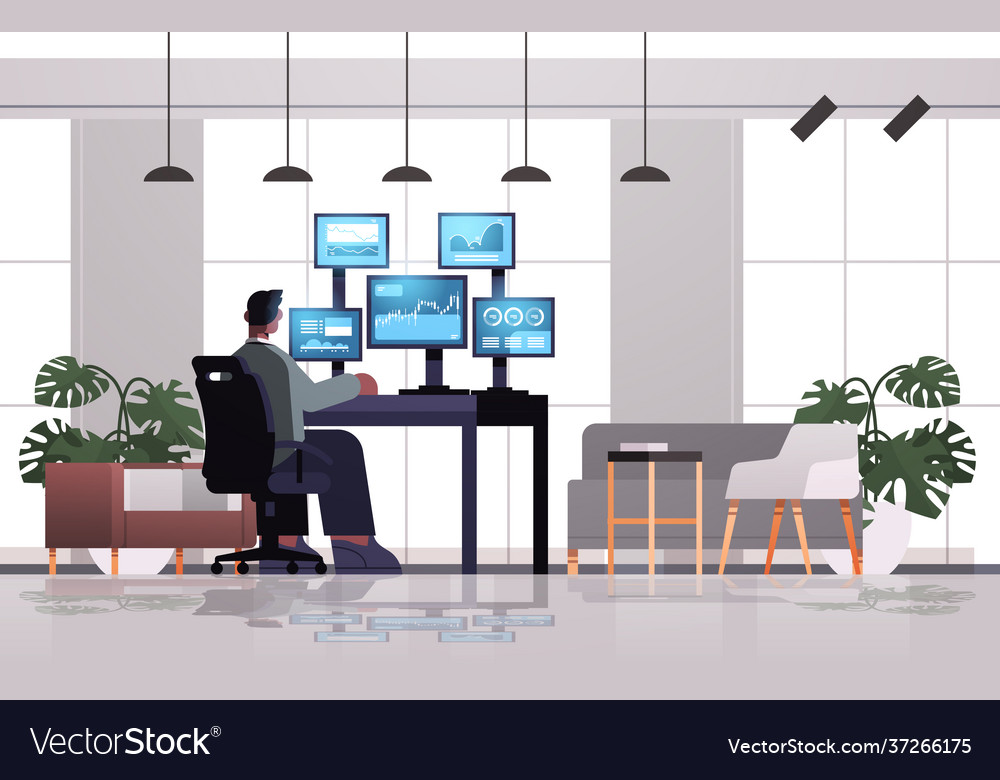 Man trader stock market broker analyzing charts vector image Man trader stock market broker analyzing charts