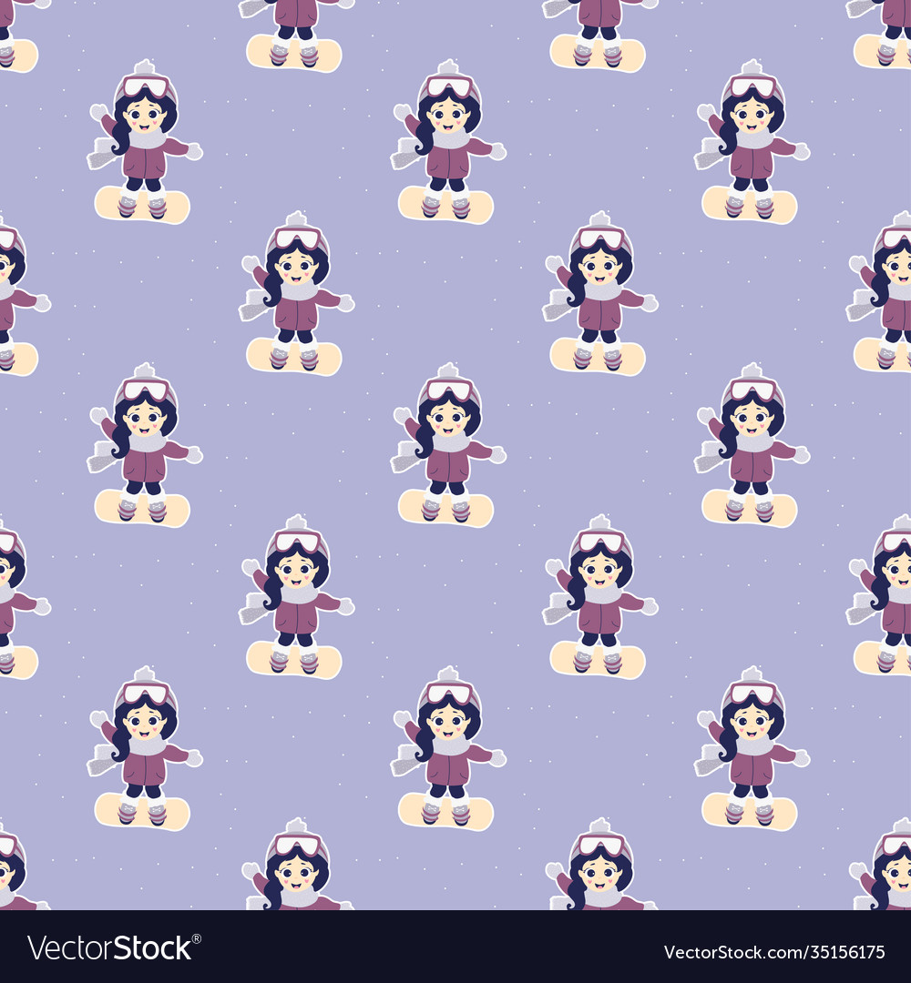 Seamless patterns cute girl goes snowboarding