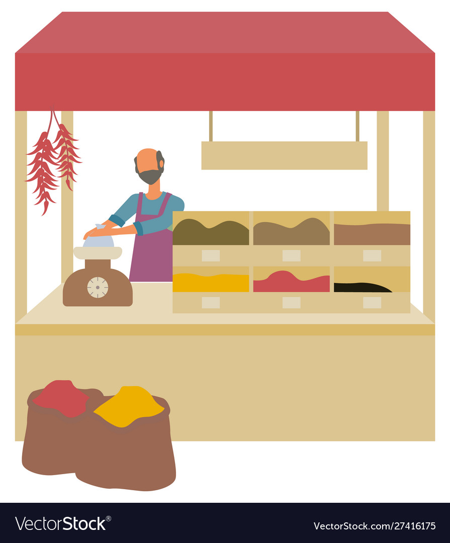 Seller at market salesperson with spices in boxes Vector Image