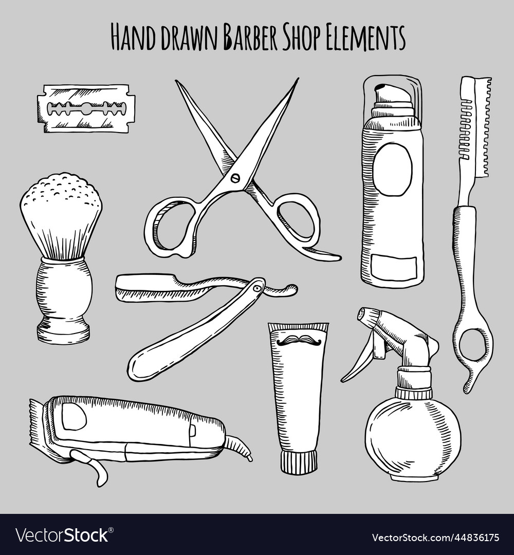 Set of vintage hand drawn barber shop elements