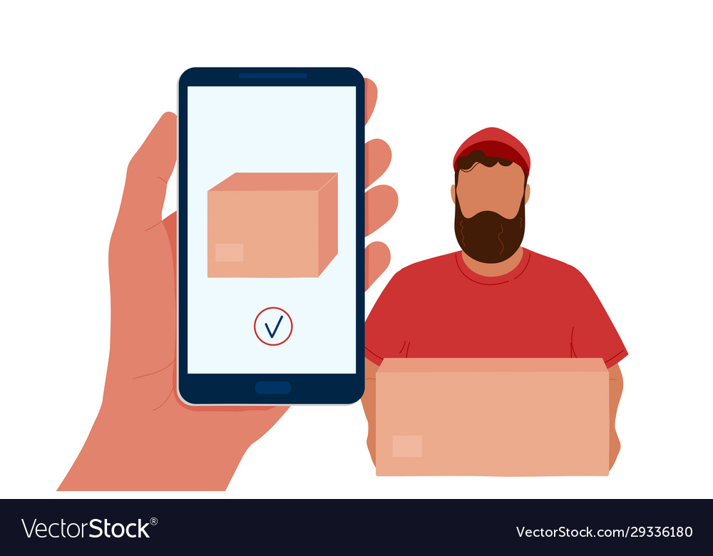 Hand with phone and delivery man parcel Royalty Free Vector