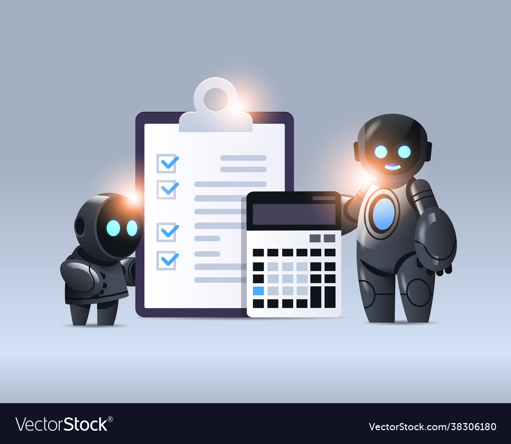 Robots with clipboard and calculator financial vector image Robots with clipboard and calculator financial