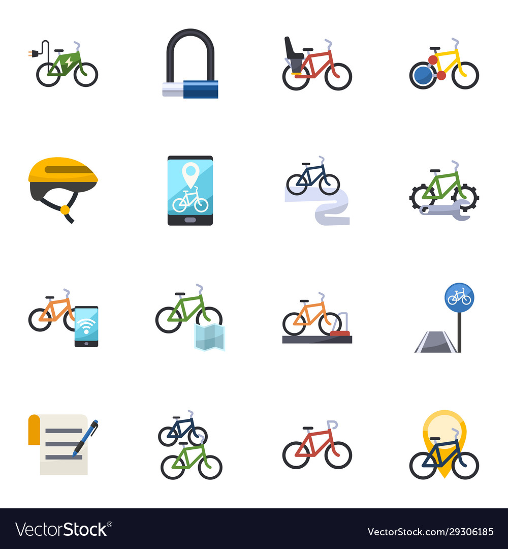 16 bike flat icons set isolated on white