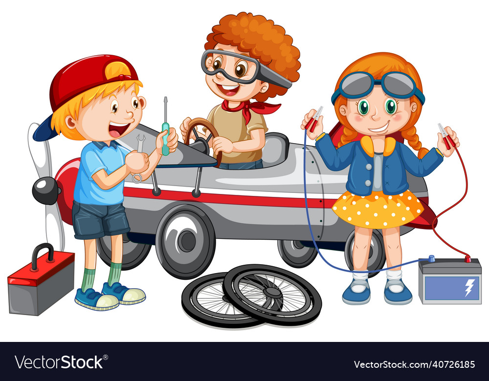 children-repairing-a-plane-together-royalty-free-vector