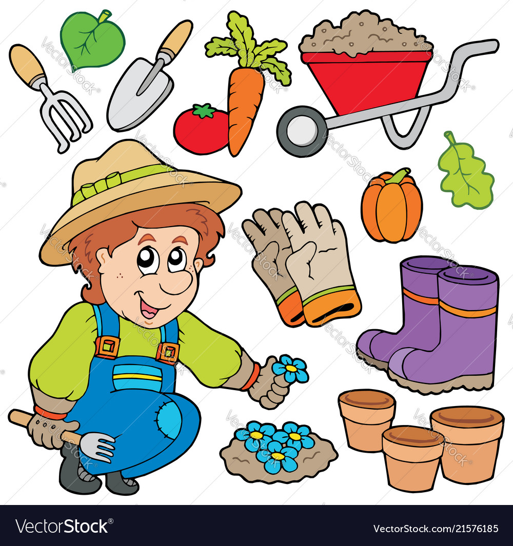 Gardener with various objects