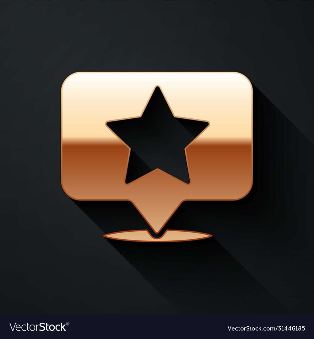 Gold map pointer with star icon isolated on black