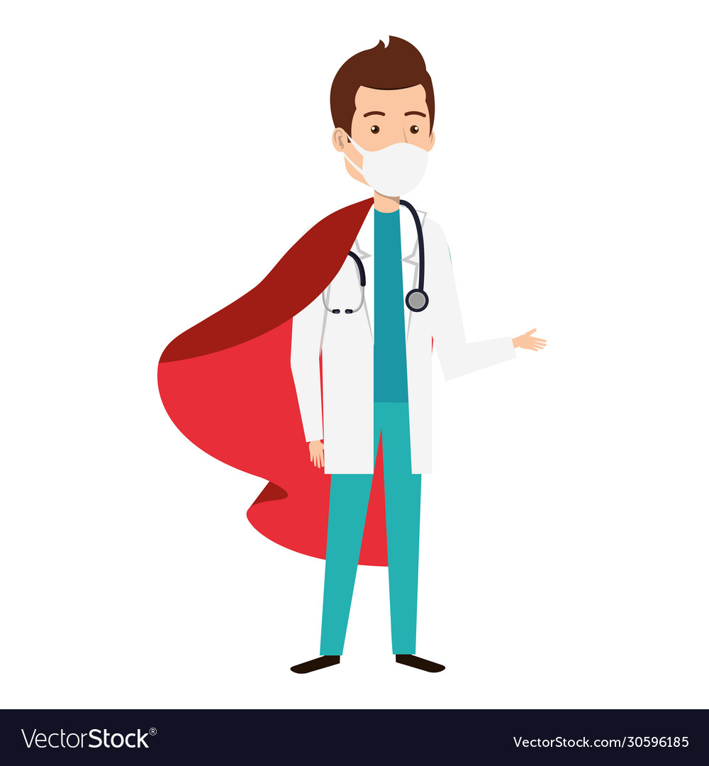 Super doctor male with face mask and hero cloak