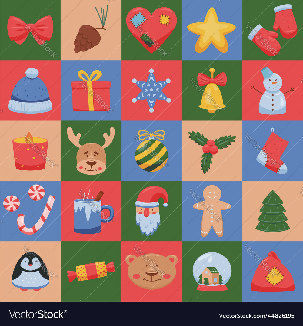 Bright advent calendar with simple flat icons vector image Bright advent calendar with simple flat icons