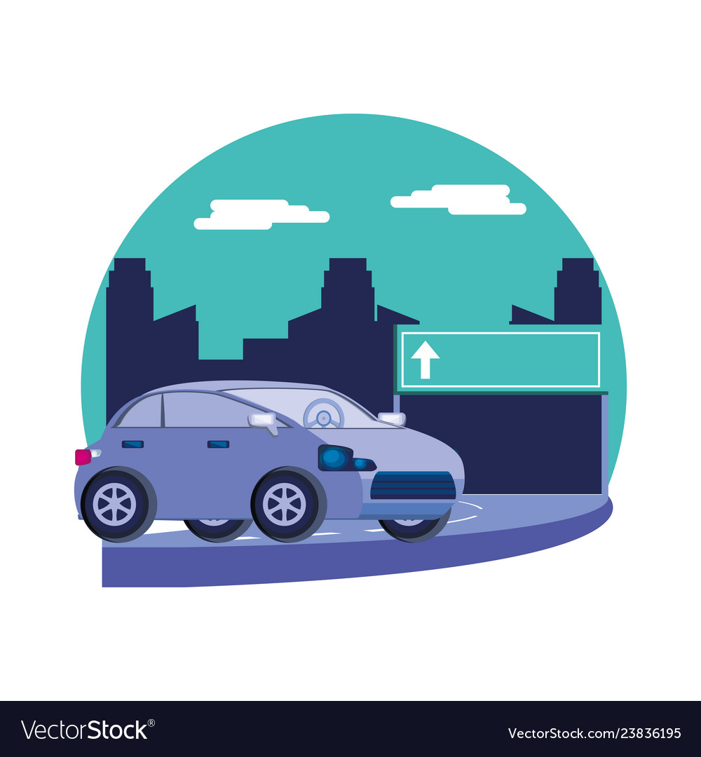 Car sedan with traffic signal in the road Vector Image